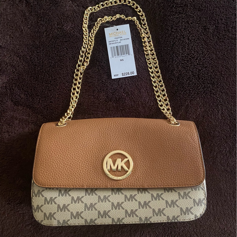 NWT Michael Kors Small Flap Bag Natural/Acorn Model 38H7XFTL1V